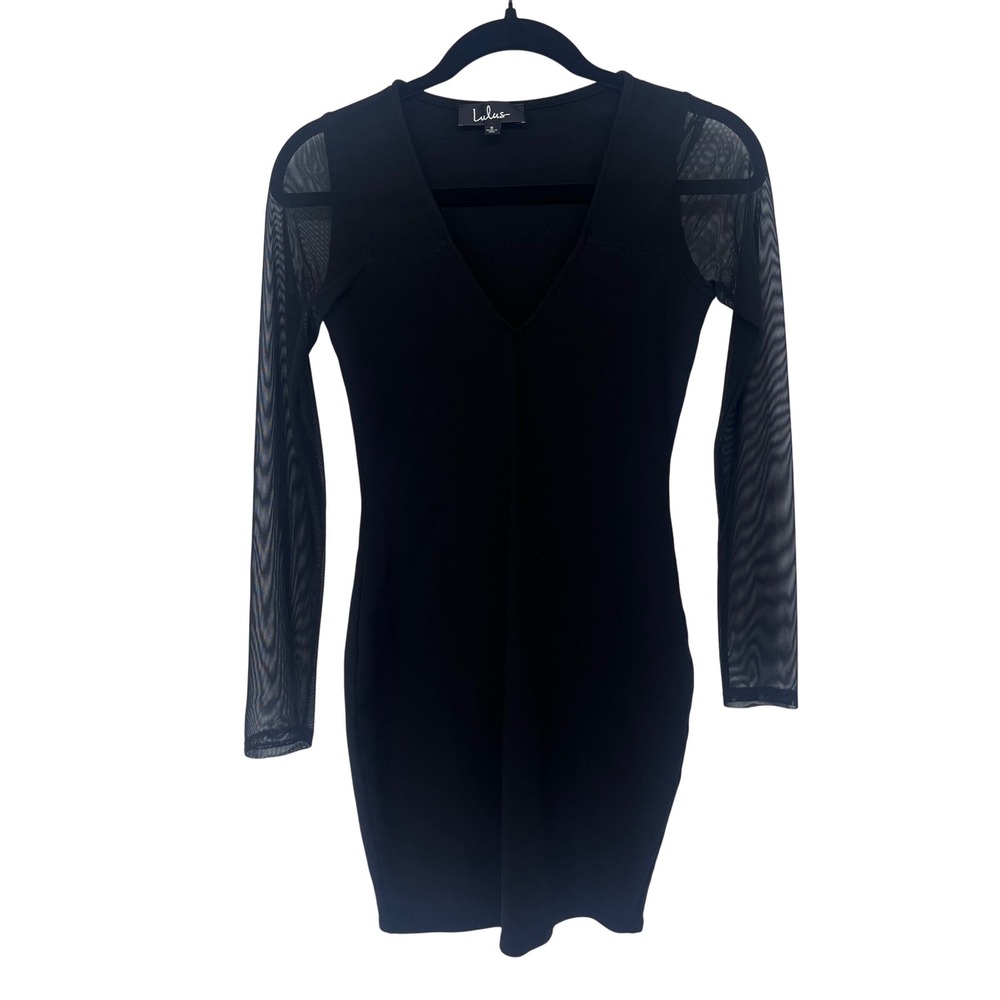 Lulus Bodycon Dress Womens Small Black Mesh Sleeve V-Neck Mini DD2705 Night Out - Picture 3 of 10